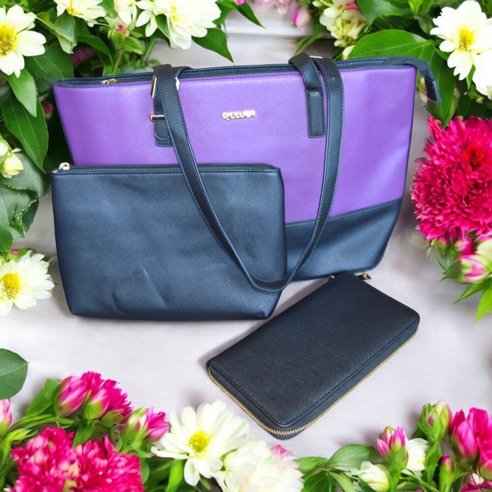 QIYUER Color Block Purse Wallet Set Black Purple Shoulder Bag
